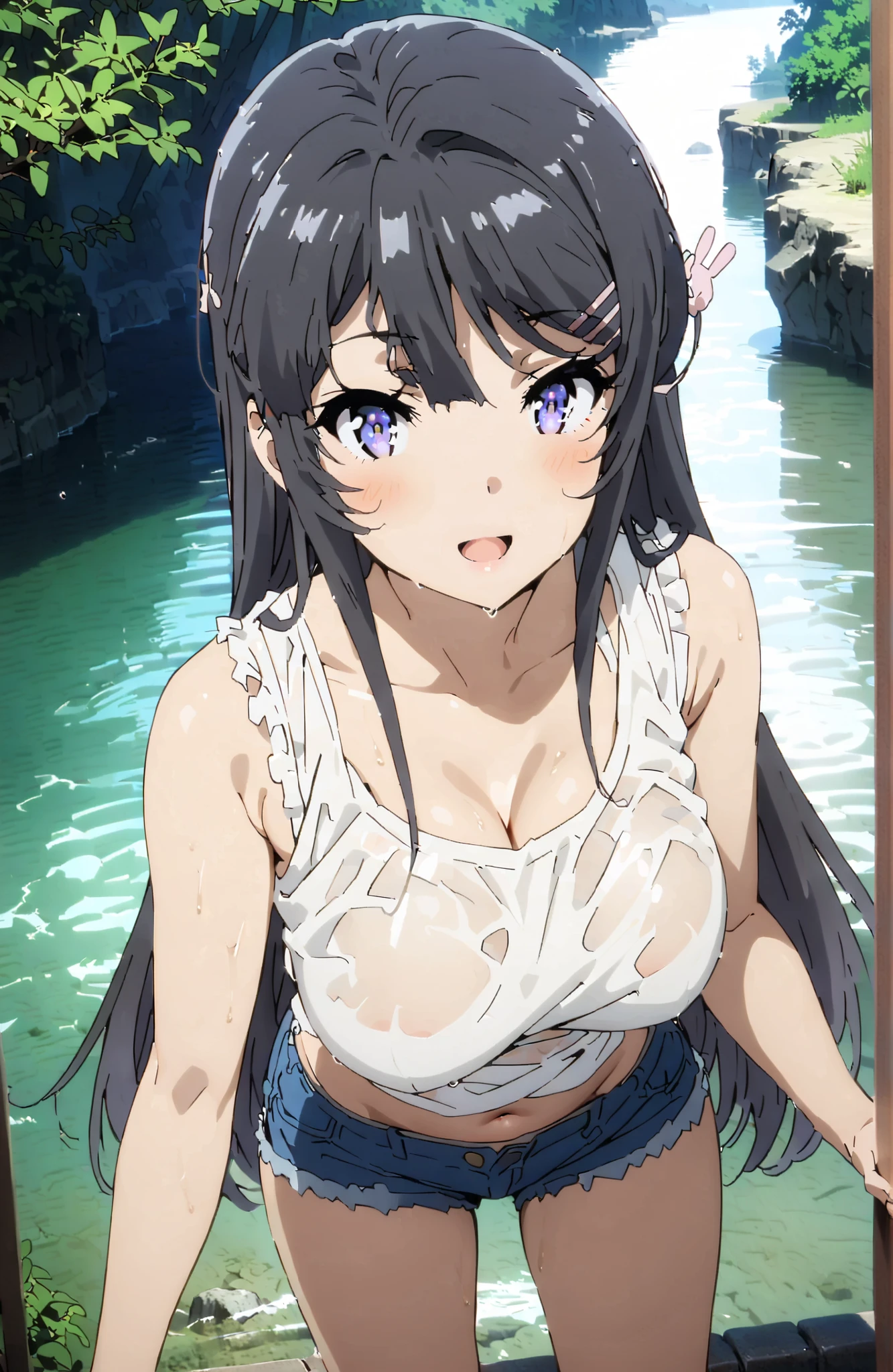best quality, masterpiece, high resolution, alone, {poisonous_Denner_Fude Ye Guild:1.15}, Black_hair, Double tail, blue_Eye, hair_decoration, blush, Thick_Eyebrow, Open_Mouth, 1 girl, blue_sky空, cloud, shirt, sky空, sky, Outdoor activities, short_sleeve, white_shirt, superior_Body, clavicle, Hair ring, closure_Eye, watching_exist_audience,(((bikini))), (((白色bikini))),
