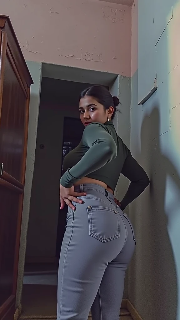 Beautiful 1 girl, nalgona, Bold back pose, in uniform, round buttocks