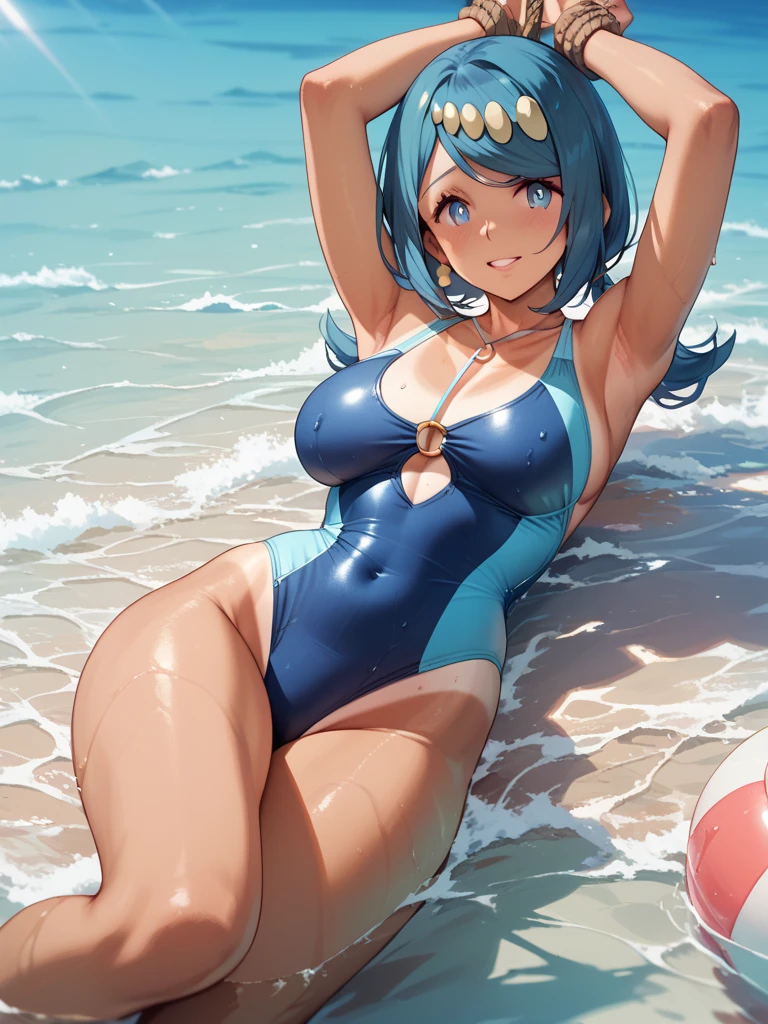 Tioplateau,Ao no Kiseki,Light blue ruffled one-piece swimsuit,sand beach,１a person,Dolphin float,huge tit