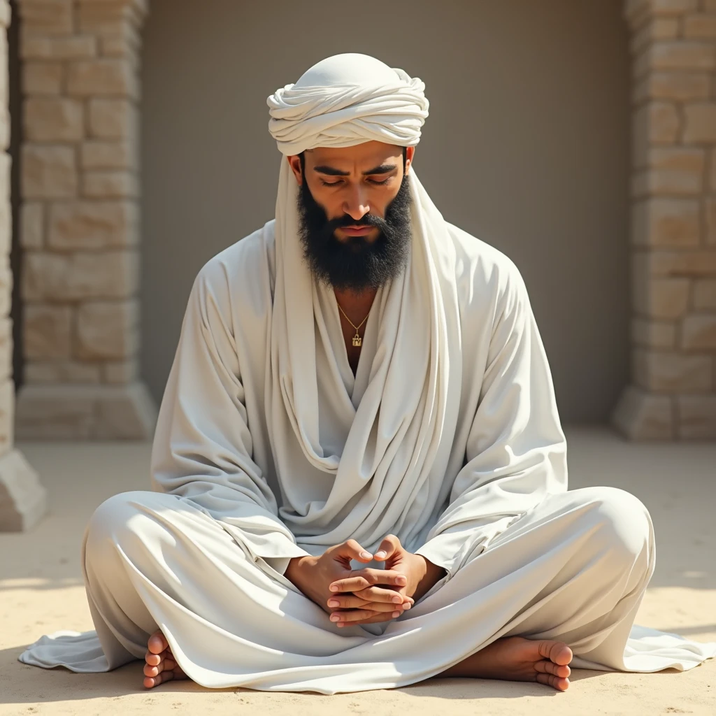 realistic photo: a muslim guy wearing white muslim outfit and transparent black sheer socks. He’s turned on, sweaty, sat down, showing off armpit, big bulge, volluminous crotch