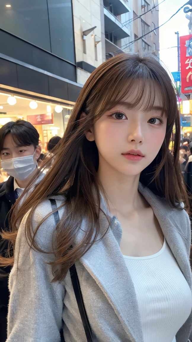((top-quality、8K、masterpiece:1.3))、foco nítido:1.2、Beautiful woman with perfect body:1.4、Slimed:1.2、((small tits:1.2)) (Photorealsitic:1.1)、(Manish Shorthair)、(Crowded intersections:1.2)、Wet hair:1.1、Highly detailed facial and skin texture、 A detailed eye、二重まぶた、Transparent white skin、Cold winter clothes、Light bangs、Brightly colored outerwear、Oversized clothes、Colorful neon intersection of abandoned buildings、Afterimage of extras、