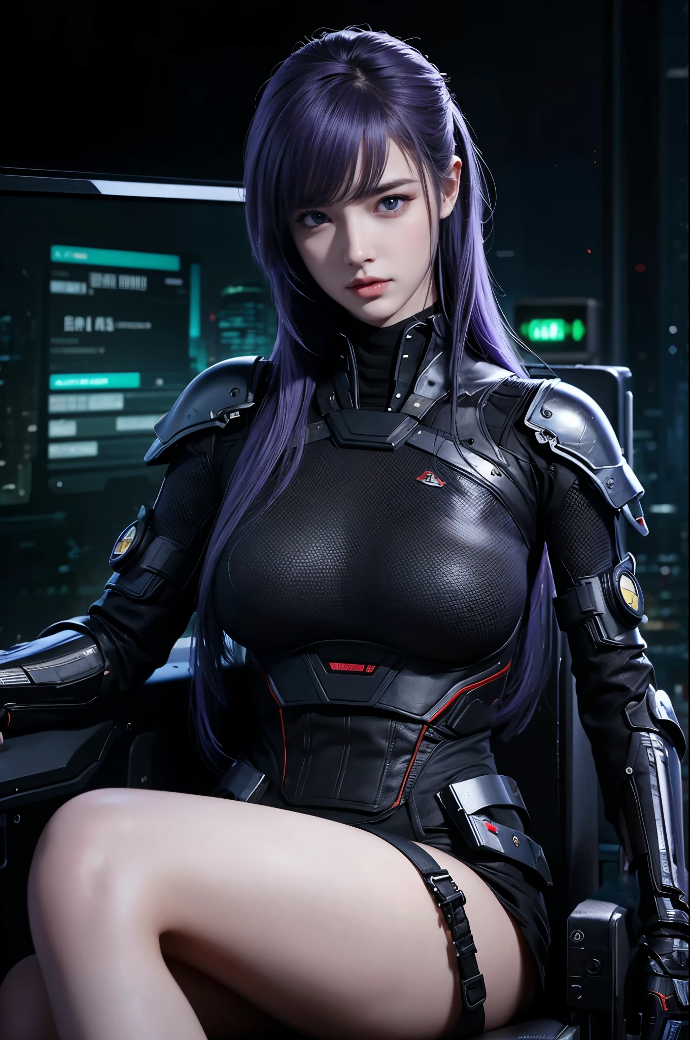 A young woman without breasts is enjoying relaxing time on a chair, 1girl in, Nipples, breasts, nude, Long hair, Solo, Sitting, crossed legs, Blue eyes, Barefoot, Looking at Viewer, Open mouth, Purple hair, Chair, tmasterpiece,best qualtiy,hight resolution,8K,((Portrait)),(close up of head),Original photo,Real Photographics,digital photo,(Cyberpunk style female special forces fighter),(Special Forces),20 years girl, Hairstyle,By bangs,The amount of hair is amazing,red eye hair),Big breasts,Thoracic sulcus, Accessories,cparted lips,Keep your mouth calm and attractive,calm and handsome,(Special Forces Clothing,battle garments,joint armor,Black),Photo Pose,cyberpunk figures,sci-fi style,oc rendering reflection texture