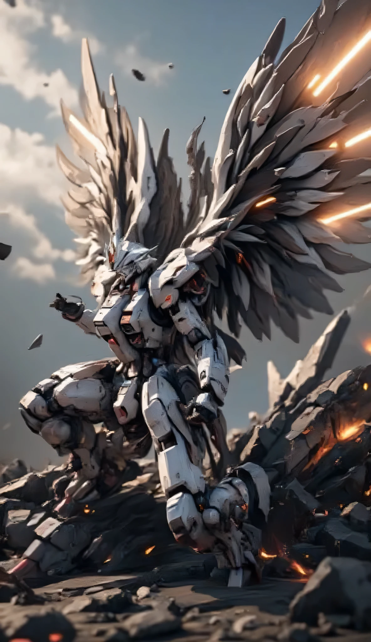 realistic、16k、high image quality、 realistic battlefield、Soaring Dust and Fire、Wing Gundam Zero has realistically shaped wings on its back that fall on one knee and lie down like a fallen angel