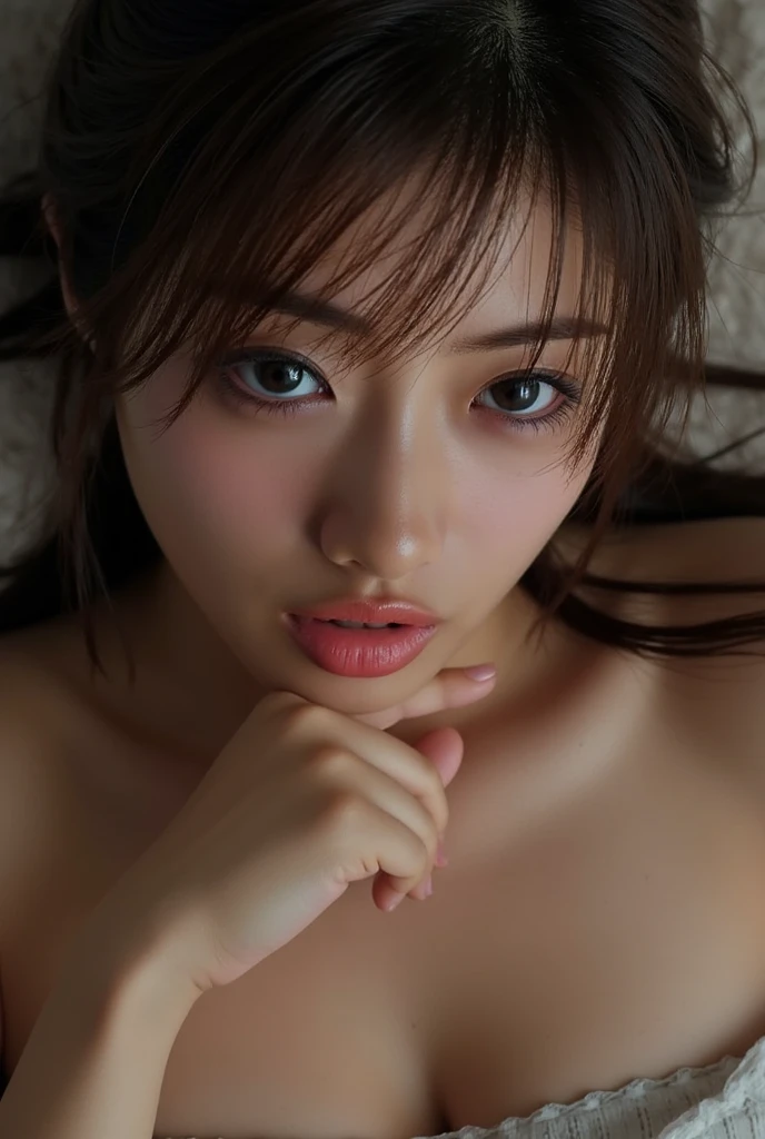 Close up portrait of woman lying on bed in pink bra, Japan model, young sensual gravure idol, young cute gravure idol, realistic young gravure idol, realistic sensual gravure idol, young gravure idol, sophisticated gravure idol, young skinny gravure idol, beautiful asian girl, full body, lying figure, sleeping, kissing face, big, pale eyes, sensual look, half-open mouth, flushing face,