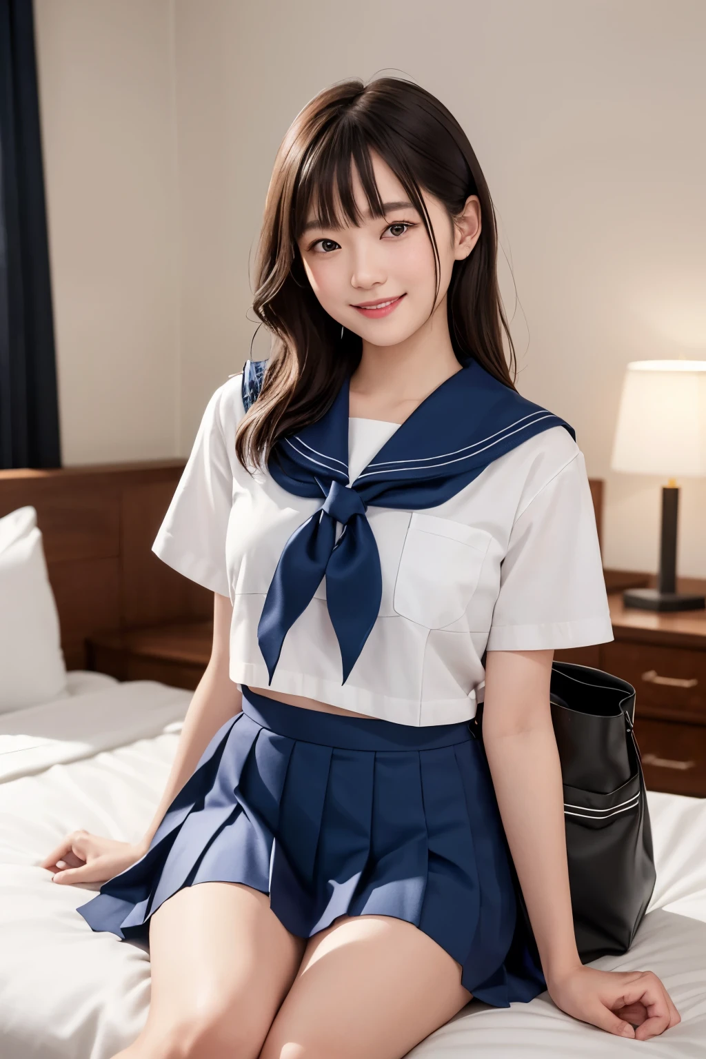 (masterpiece,highest quality,High resolution,Realistic:1.2),(One high school girl is wearing a long-sleeved sailor suit and a short navy pleated skirt, so a little bit of her white panties are visible.:1.2),(Smiling with some teeth showing:1.3),(bob cut, blonde, gal makeup:1.3),(beautiful hands:1.3),(woman's hand:1.3),(Reduce skin exposure,The belly is not exposed:1.2),(cowboy shot:1.5),(16 year old Japanese female:1.2),(clothing that fits:1.2),(school hallway:1.3), (camel toe:1.3), (flat chest:1.3),(The upper body is thin:1.3),(big butt, thick thighs:1.2), (A is seen from below:1.4)
