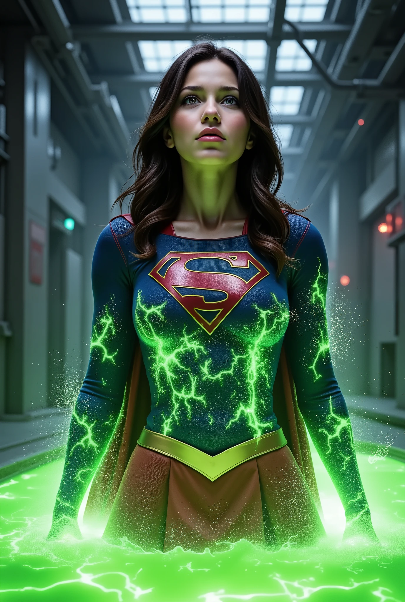 “Ultra-realistic 8K cinematic transformation scene of a brunette woman falling into a glowing pool of radioactive green sludge in a dark industrial lab. The sludge clings to her skin, glowing and pulsing as it fuses with her cells. As she sinks, the toxic energy mutates her body — muscles tighten, her posture straightens, and her civilian clothes burn away, replaced by a vibrant, red-and-blue superhero suit forming organically across her skin. A gold ‘S’ emblem emerges on her chest as her eyes glow bright blue. Her long dark hair flows upward, lifted by the energy surge. The scene is lit with vivid, high-contrast lighting — glowing sludge highlights her transformation while shadows loom around her. Mist rises, particles swirl in the air. Her expression changes from pain to powerful determination. The moment captures the birth of a new heroine — cinematic, detailed, bold.