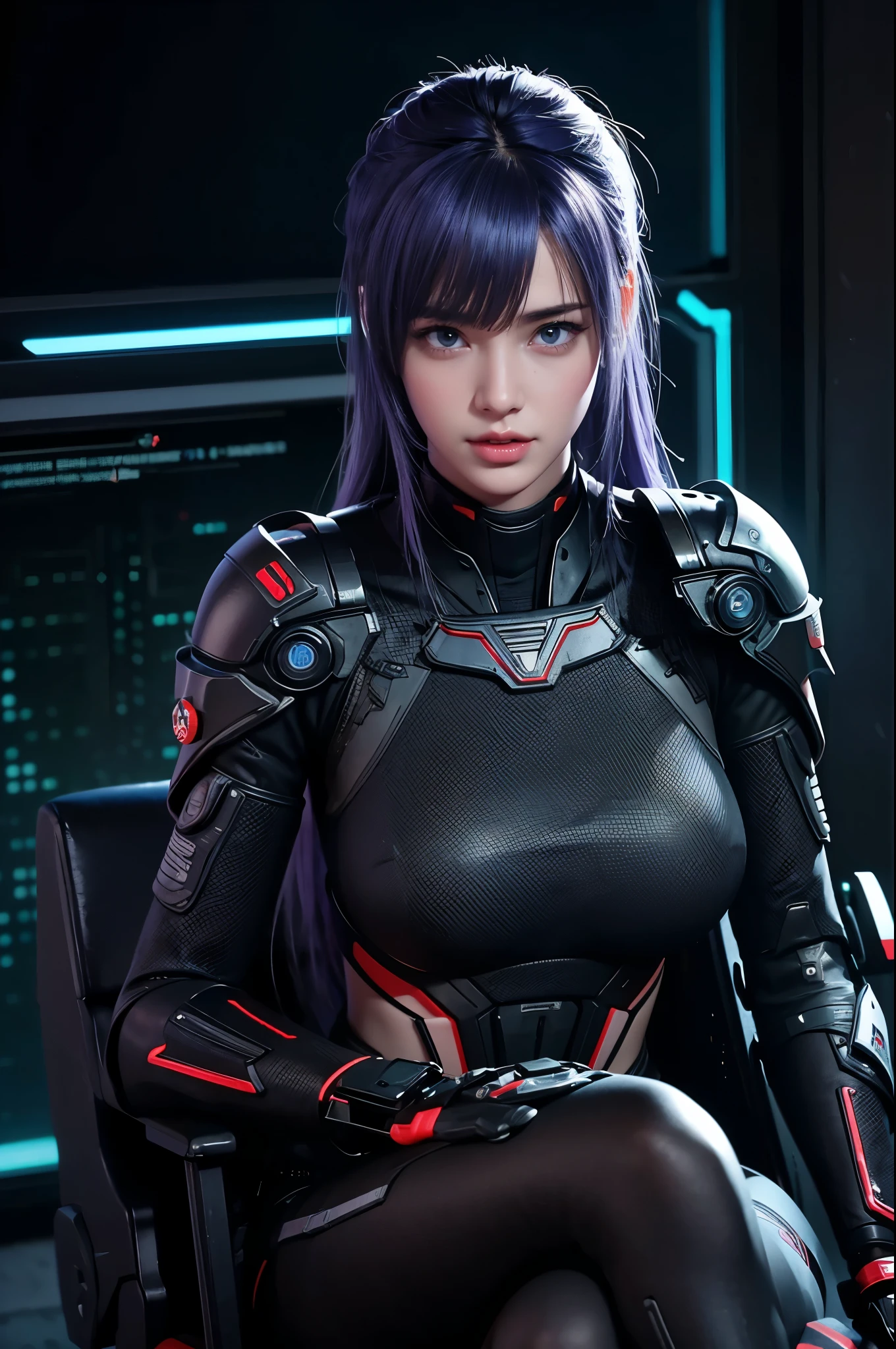 A young woman without breasts is enjoying relaxing time on a chair, 1girl in, Nipples, breasts, nude, Long hair, Solo, Sitting, crossed legs, Blue eyes, Barefoot, Looking at Viewer, Open mouth, Purple hair, Chair, tmasterpiece,best qualtiy,hight resolution,8K,((Portrait)),(close up of head),Original photo,Real Photographics,digital photo,(Cyberpunk style female special forces fighter),(Special Forces),20 years girl, Hairstyle,By bangs,The amount of hair is amazing,red eye hair),Big breasts,Thoracic sulcus, Accessories,cparted lips,Keep your mouth calm and attractive,calm and handsome,(Special Forces Clothing,battle garments,joint armor,Black),Photo Pose,cyberpunk figures,sci-fi style,oc rendering reflection texture