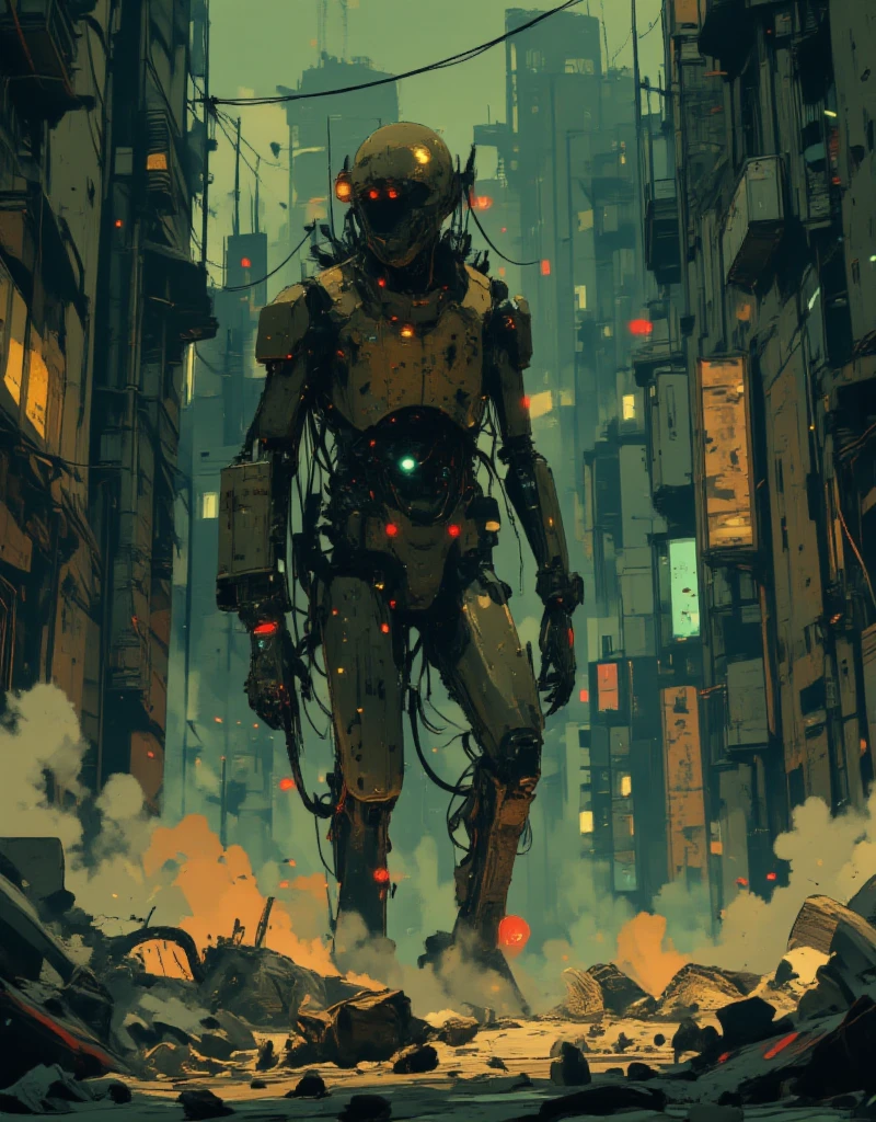 A dark, post-apocalyptic digital picture: a huge, emaciated combat ...