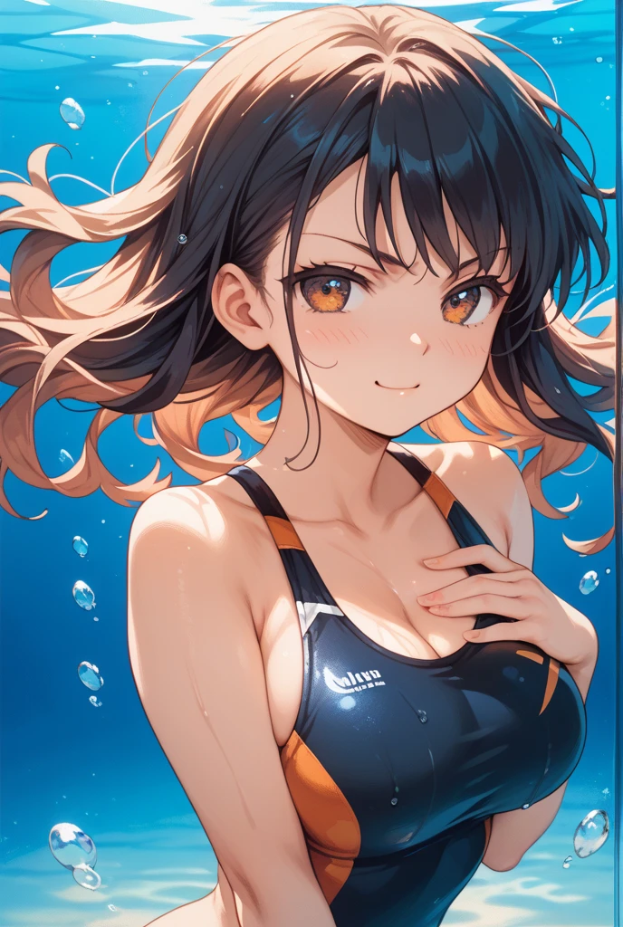 masterpiece, Highest quality, High resolution, Very detailed,(((Daitaku Helios in the Sea))), (((peace sign))), (((smile))), Swimsuit, In the water, Bubble