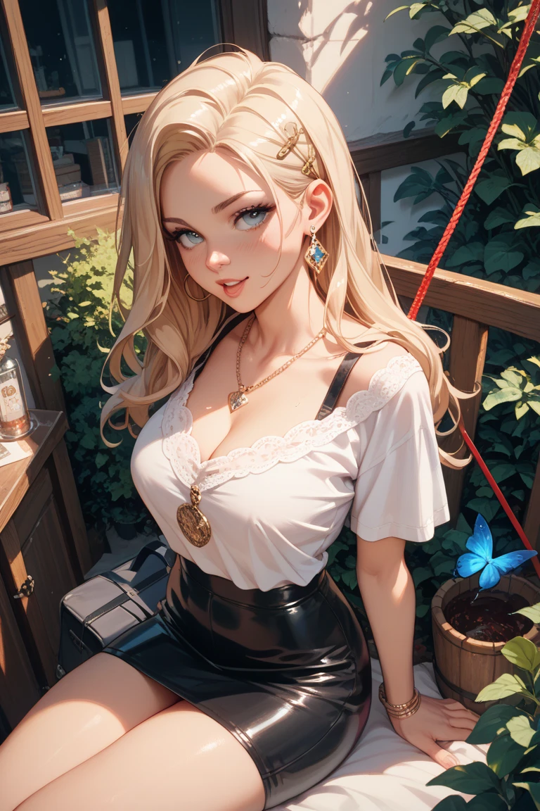 26 year old white woman、Hair color is blonde、Hair is wavy、Eye color is blue、Longhaire、A slender、a smile、wearing bustier tops、I'm wearing leggings、My abs are cracked、A slenderだが均整の取れた細マッチョ、I'm wearing pin heels、standing in front of a boutique show window、a smile、Head-on perspective、accessories on the wrist、I'm wearing high leg shorts