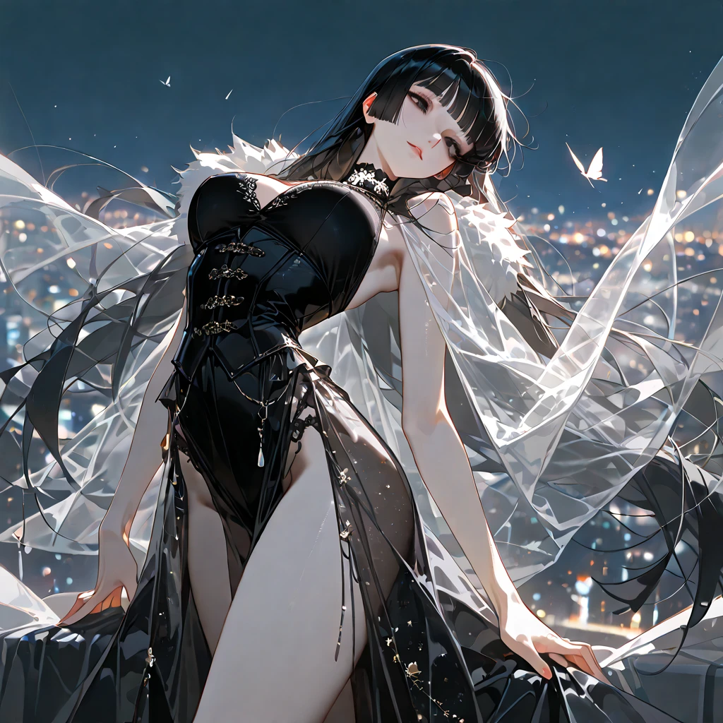 (masterpiece, best quality, highres, high resolution:1.2), extremely detailed, realistic, intricate details, 1girl, solo, looking at viewer, (abstract art:1.3), (dark theme:1.2), art, stylized, deep shadow, dark theme, cosmic dress, cosmic beauty, in space, nebula, (cinematic lighting, bloom, volumetric),
