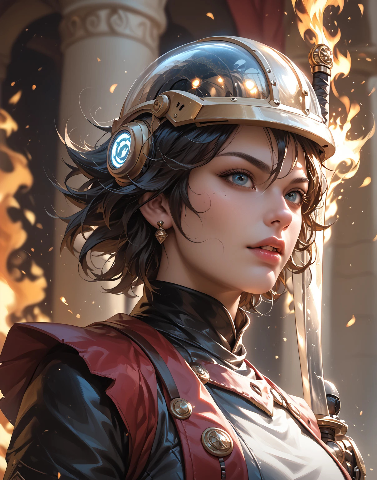 jhstyle style, 1girl, armor, bubble, jhstyle, necklace, red eyes, solo, sword, teeth, color illustration, <lora:John_Higgins_style:1>