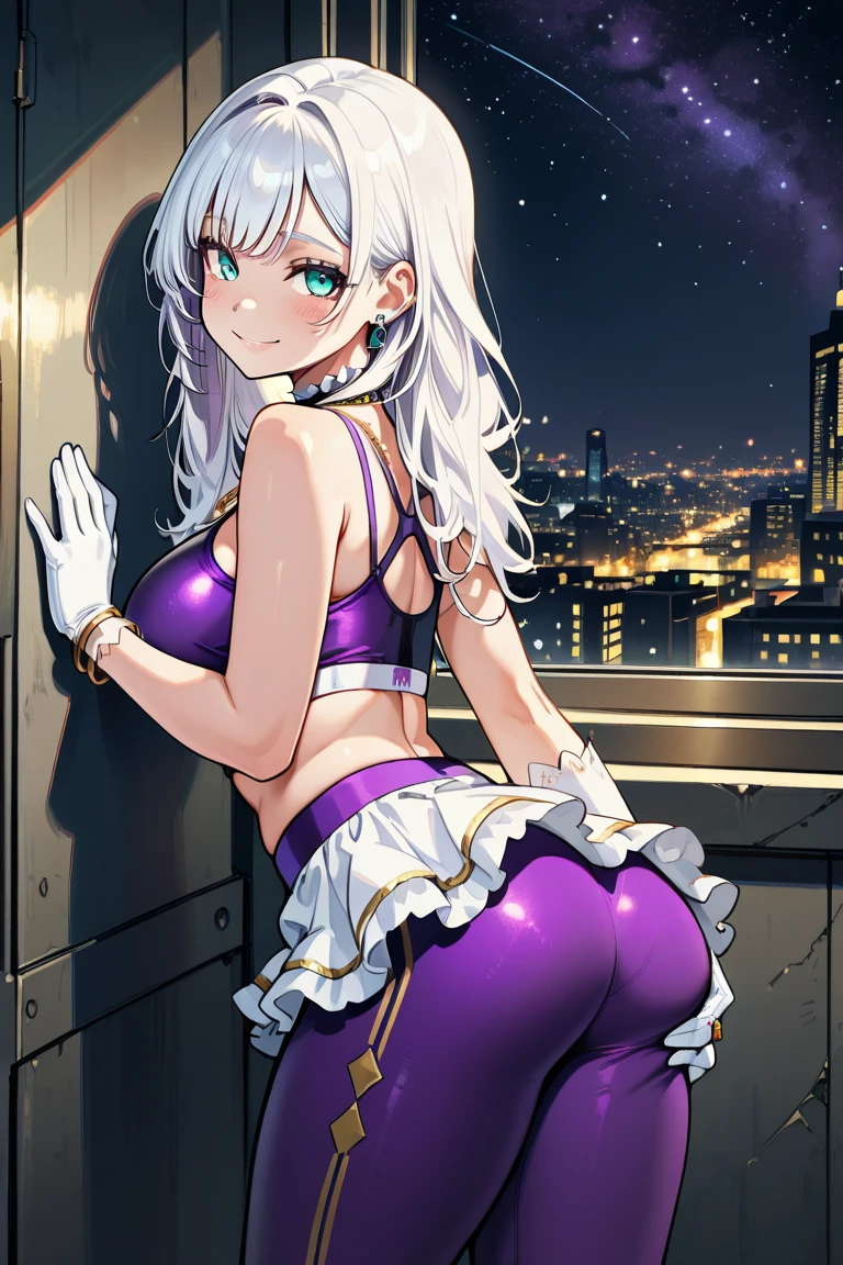 (masterpiece, best quality, detailed), 1girl, solo, looking at viewer, <lora:zs_Margaret:0.9> margaretp4, blonde hair, long hair, yellow eyes, headband, lipstick, china dress, chinese clothes, double bun, outdoors, rooftop, cityscape, building, railing, bent over, ass, looking back, from behind, ass focus, arm support, side slit, short dress, pantyhose, elbow gloves, night, night sky, scenery, kneepits, moon, city lights, parted lips, blush