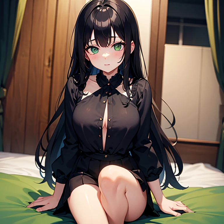 Amazing portrait of a sexy and cute woman with medium length black curly hair gazing and smiling at us seductively as she blushes hard wearing a knee-length pink short sleeved dress with black leggings underneath