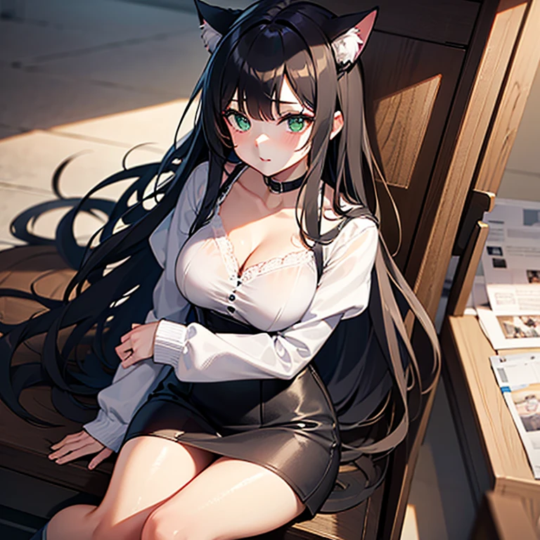 Black hair , cat ears , muscular girl , medium sized breasts , large hips , standing up straight but leaning slightly on a table after a workout