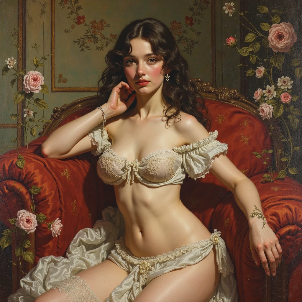 Retro vintage art print, sexy, glamorous pin-up girl wearing a sailors hat, bikini, A painting of a woman wife ((golden ratio}} laying on the sofa after a long night on the town, a sensual painting, a Beautiful expressive painting, malcolm liepke painting, glossy painting, beautiful digital painting, digital art painting, Fine paintings, monochromatic. malcolm liepke oil painting, impressionist painting.Spread your legs apart, beautiful and delicate face, fair skin