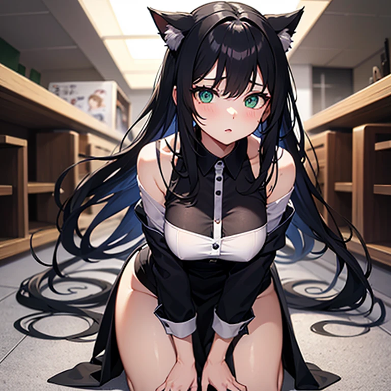a woman in black clothing sitting on the floor with a cat's tail, garota anime sedutora, , the anime girl is squatting, marisa kirisame, garota anime loira com cabelo comprido, linda garota de anime agachada, visual de anime de uma linda garota, linda sedutora anime adolescente, demon anime girl, segurando uma pose de pudica, hentai