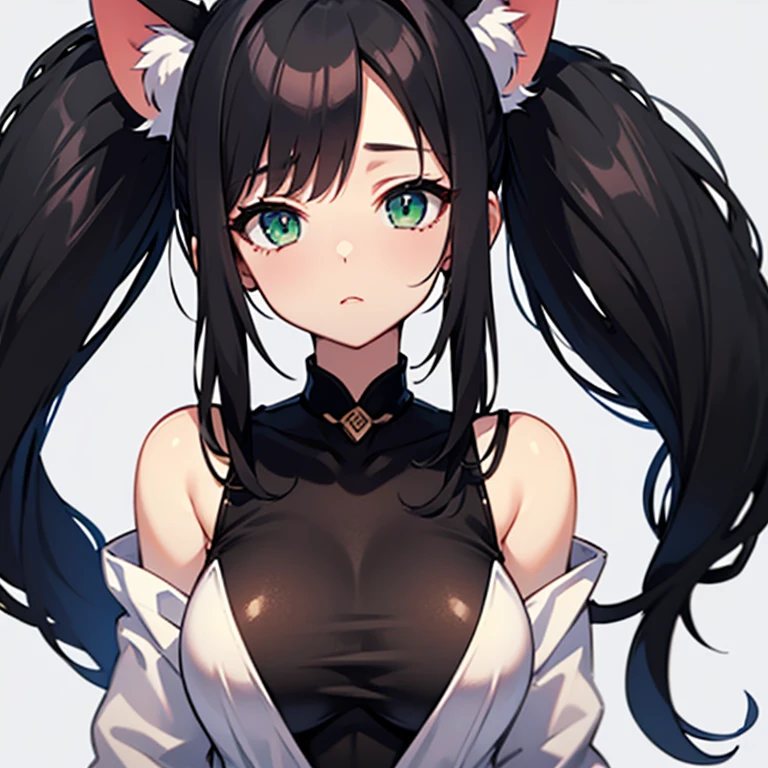 1girl, solo, rating:safe, black_hair, twintails, long_hair, striped, green_eyes, detached_sleeves, very_long_hair, ahoge, breasts, bangs, looking_at_viewer, bare_shoulders, eyebrows_visible_through_hair, animal_ears, closed_mouth, blush, white_background, simple_background