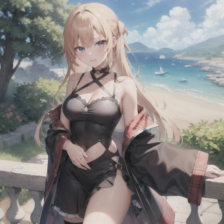 （Watercolor tones、2D beautiful girl：1.3）、2d、top-quality：1.1、Extremely Delicately Beautiful：1.1、I am、bigger, Sagged Eyes、cabellos largos dorados、（slingshot high leg swimsuit）、A princess、The best smile、standing、facing the front there、Empty beach in the background、14years、（in a panoramic view）、winc、blissful、