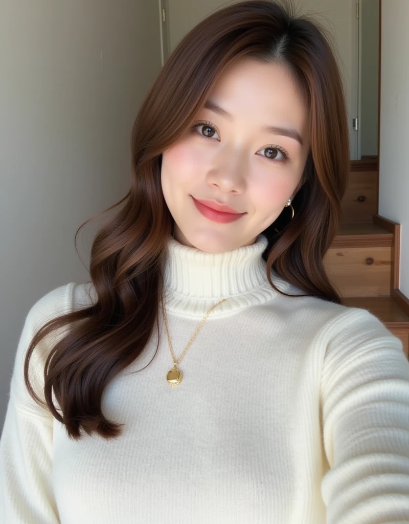 Tabletop、(8K、RAW Photos、Highest quality、masterpiece:1.2)、Downward、Looking down、White wall、In front of a white door、Light orange long sleeve dress Beautiful shiny hair、High-quality RAW color photos、Professional photos、(Realistic、photo Realistic:1.37)、Photographed in natural light、1 Girl、Laughter、Various poses、break (Ombre:1.3) 、Spring Clothes、Simple Necklace、(Beautiful profile:1.3)、Don'Don'Don't look at the camera、profile、((Hair is dark brown))
