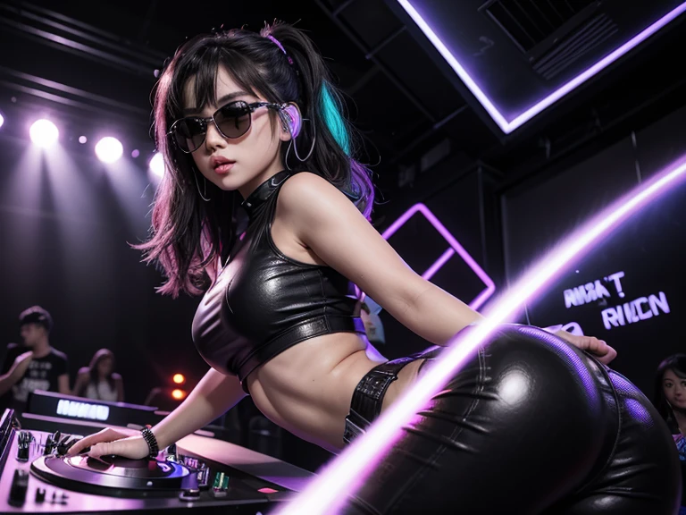 BEAUTIFUL GIRL, BIG BUTTOCKS, SMALL SKIRT, HEADPHONES IN EARS, BLUE HAIR, LOOKING AT THE CAMERA, SURREAL, BACKGROUND FULL OF NEON LIGHTS, STRUCTURES WITH SPEAKERS, SURREALISM