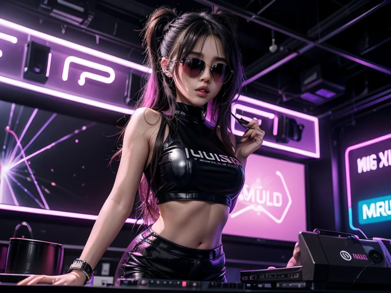 arafed woman in a black top and pink shorts playing a game of dj, cyber punk setting, raver girl, rave girl, dj rave party, dj at a nightclub dancing inspired, playing techno house music, turntablism dj scratching, cyberpunk 2 0 y. o model girl, rave outfit, fanart