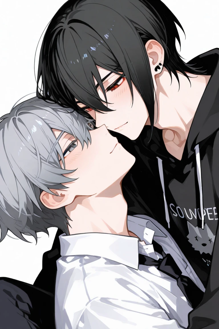 (Mastepiece), (Best Quality), Very detailed, ((Two men kissing on the cheek)), Perfect Face, (Happy Face:1.3)、Beautiful Face, Very detailed顔,(One black-haired man:1.3),(One white-haired man:1.3),T-Shirts、smile、bed