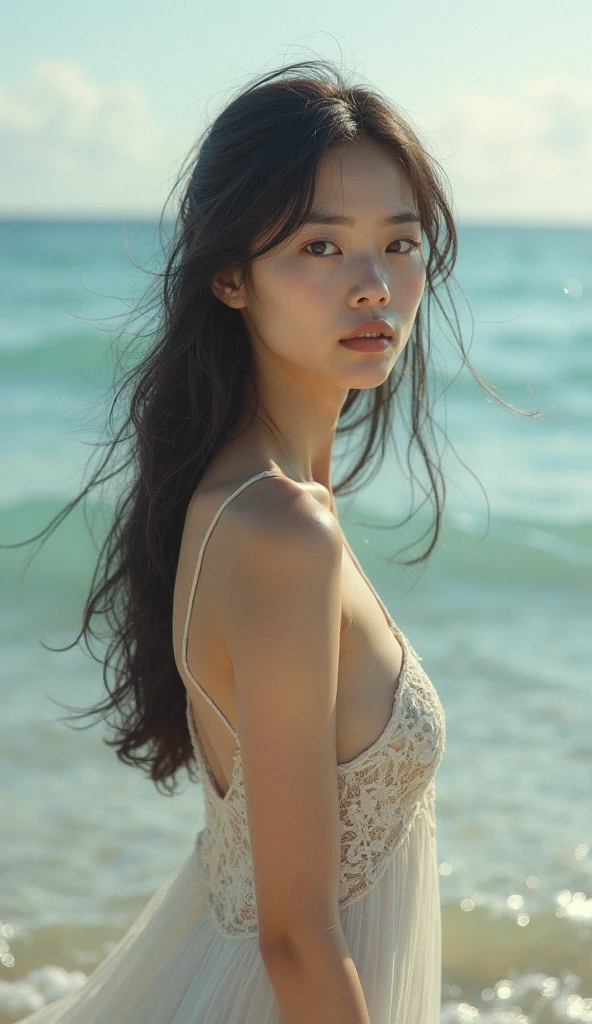A hyper-realistic image of a single Japanese woman in her early 20s, captured with the nostalgic warmth and pronounced graininess of a film camera, showing her from the shoulders up as she stands on a sunlit beach. Her skin has a warm beige tone with a natural, visibly rough texture that includes pronounced pores, fine lines, and subtle imperfections such as small blemishes, slight unevenness, and a hint of sun exposure, contributing to the authenticity of her appearance. The texture of her skin is intentionally less smooth, with a tangible roughness that enhances the realism, making the surface appear slightly weathered by the elements. The soft, diffused natural light illuminates her face and shoulders with a gentle touch, casting shadows that subtly reveal the unevenness of her skin. Her straight, glossy black hair flows naturally in the ocean breeze, framing her face, and her deep brown eyes reflect the soft sunlight and the shimmering sea. The film camera effect amplifies the grain and texture, creating a warm, nostalgic atmosphere while maintaining the deliberately rougher, less polished texture of her skin. The composition, focused on her upper body, captures the serene elegance of the beach setting, highlighting the natural interaction of light and shadow on her skin. This combination of a rough, realistic skin texture, soft natural light, and the grainy film-like qualities ensures that the image presents an authentic, lifelike portrayal of the woman, centered on her face and shoulders.