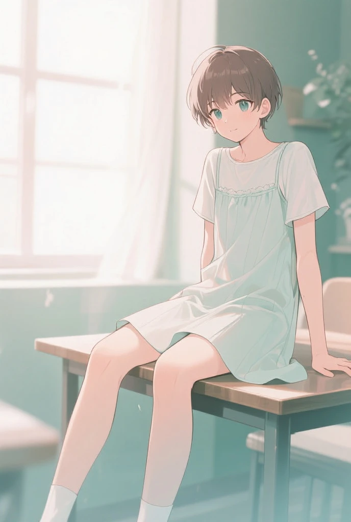 14 years old boy inside a ((prison)) wearing ((white shirts)) ((white shorts)) sitting in a ((bed)) feeling ((ashamed))