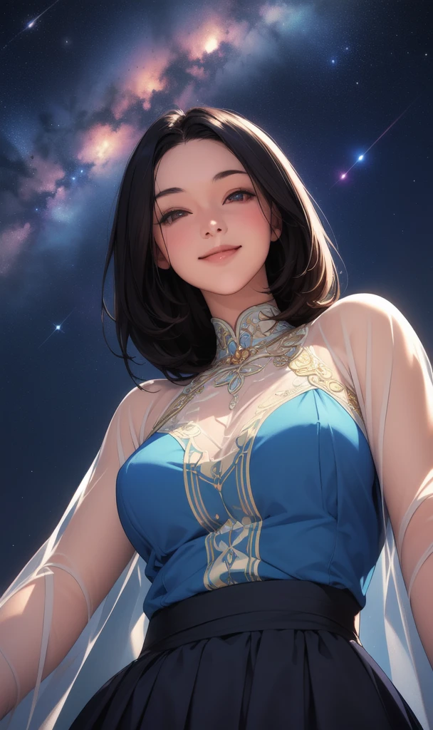 (masterpiece), (best quality), 1girl, (perfect face:1.2), (beautiful face:1.2), black hair, (from below, upper body:1.3), happy, light smile, looking at viewer, pose, see-through, outdoors, (midnight, night sky, milky way), intricate, depth of field, cinematic lighting,