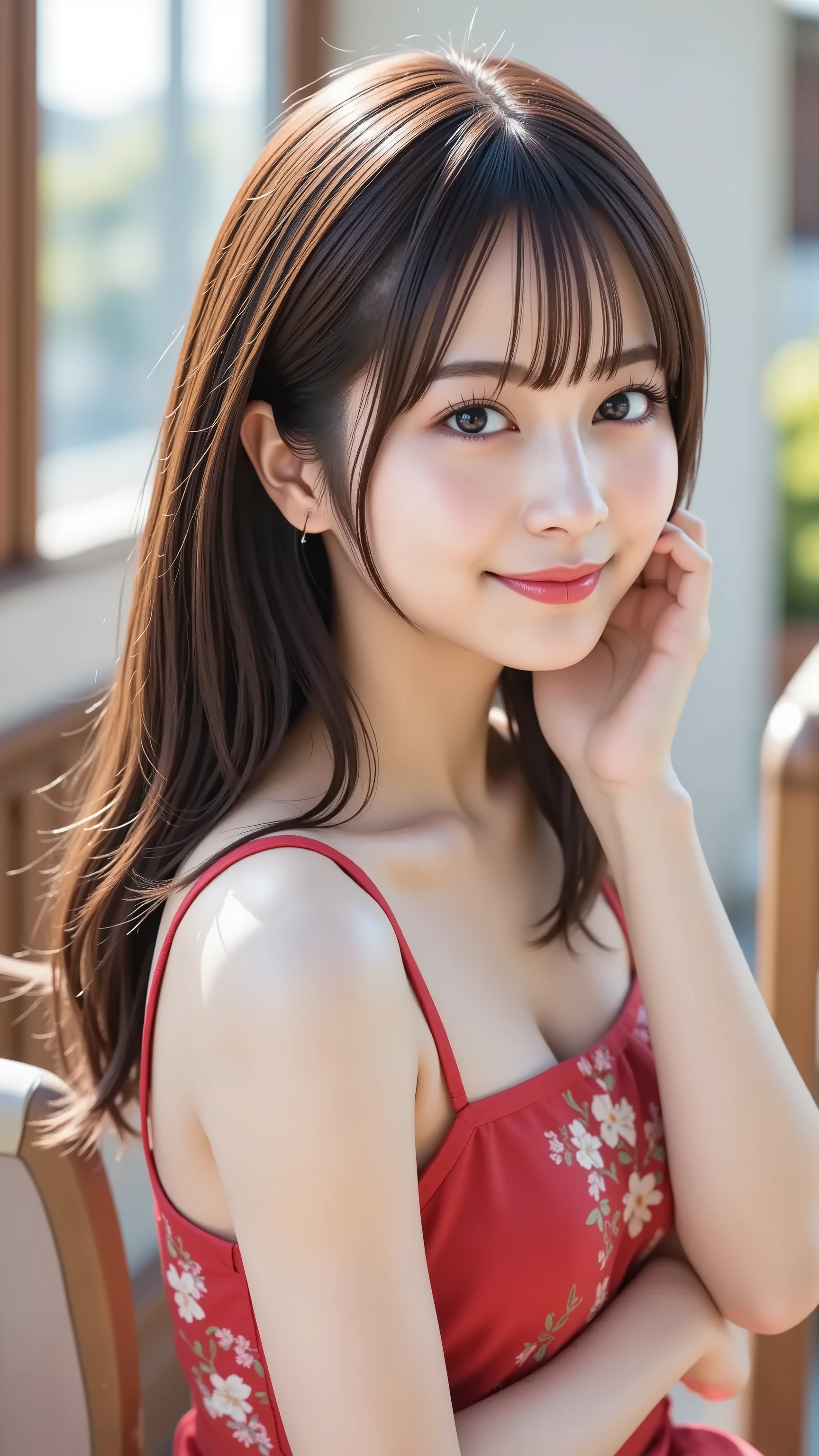 Red bikini swimsuit,Face Interview, (Photo Real:1.4), (hyper realisitic:1.4), (realisitic:1.3), (Smooth lighting:1.05), (Improve video lighting quality:0.9), 1womanl, a 20 yo woman, Realistic lighting, Back lighting, Facial light, raytrace, (cheerfulness:1.2), (Improved image quality:1.4), (Finest Real Textured Skins), finely eye, a small face, Red cheeks, A slight smil,mideum breasts ,Pointed jaws,, Glossy skin Dull bangs, Dark hair, hair behind ear, hair over shoulder, Long hair,Tear bag,Outdoor pool side