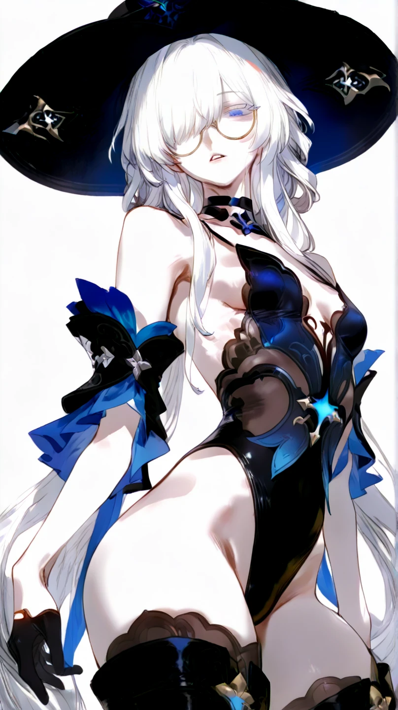 A girl stands on the rooftop of a high-rise building with a panoramic view of late-night Tokyo below.、She has a short bob with a white lob of hair and wears a large black witch hat with sapphire jewelry.、A high school student wearing a navy blue bikini-type swimsuit with a white ribbon、She wears a large witch's hat with a small sapphire accessory、A few star creams、Beautiful starry sky、Beautiful night view、large witch's hat 、Navy blue bikini pants that dig into your stomach、Small breasts、Small breasts、Navy blue swimsuit top with white frills、I see my stomach、The area around the stomach is bare skin.、Belly button、Halterneck bikini、She is wearing hot pants.I have a gun with a scope。A black long-barreled rifle