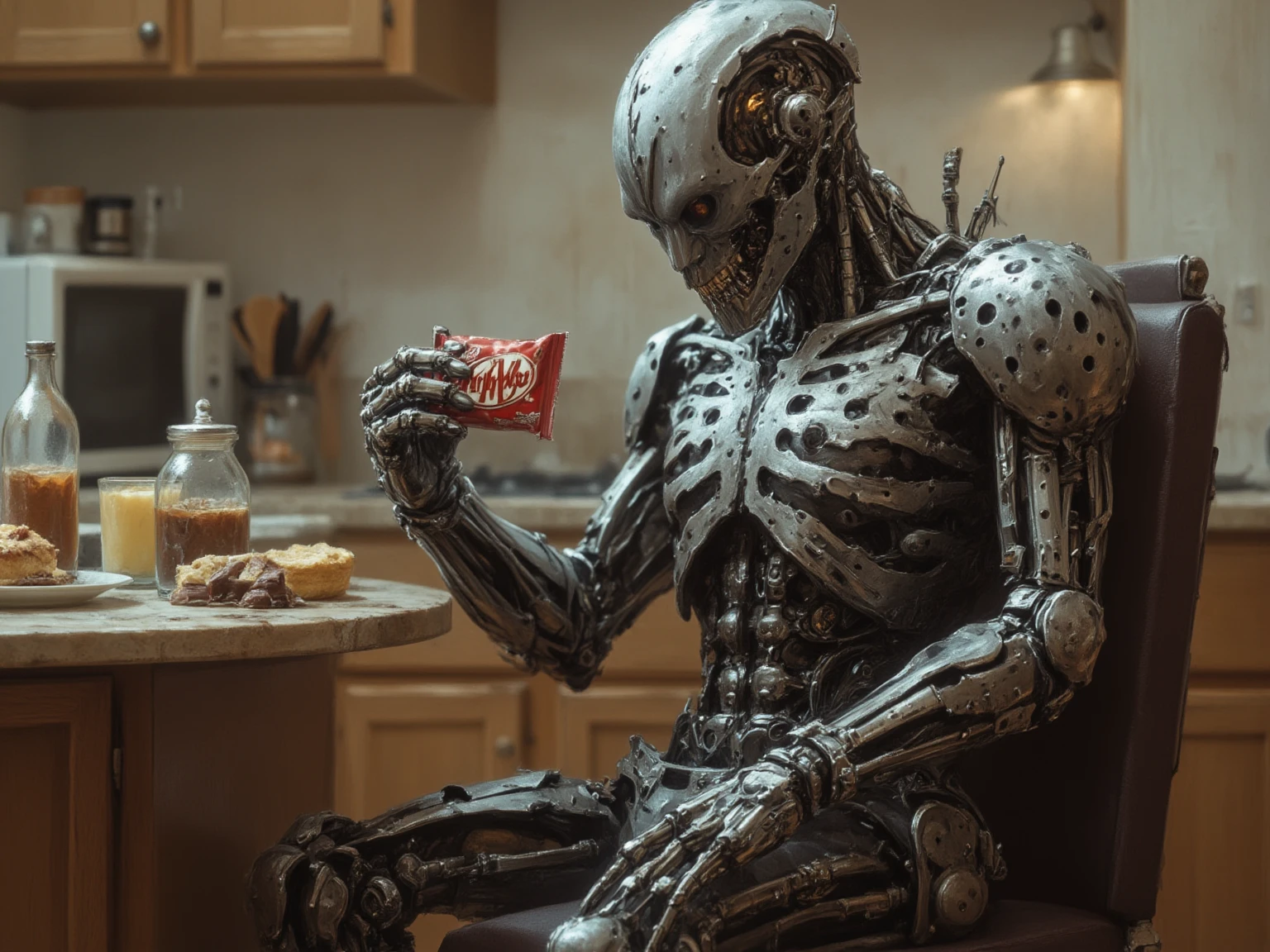 zPDXL, 1 Terminator robot drinking 1 cup of coffee, post-apocalyptic background, upper body view, 4k