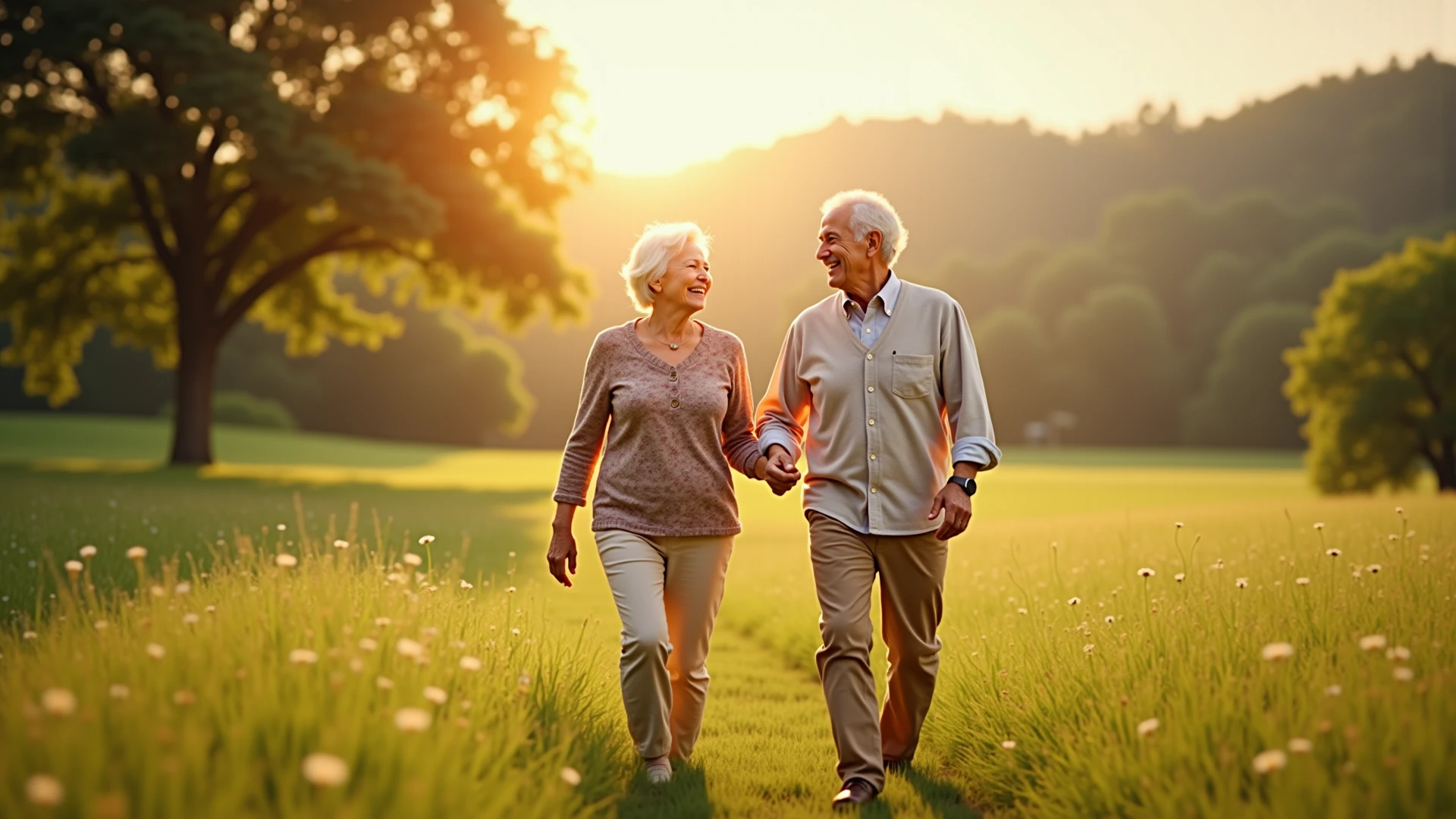 A middle-aged Caucasian couple walking hand-in-hand in a lush, green forest setting, evening view