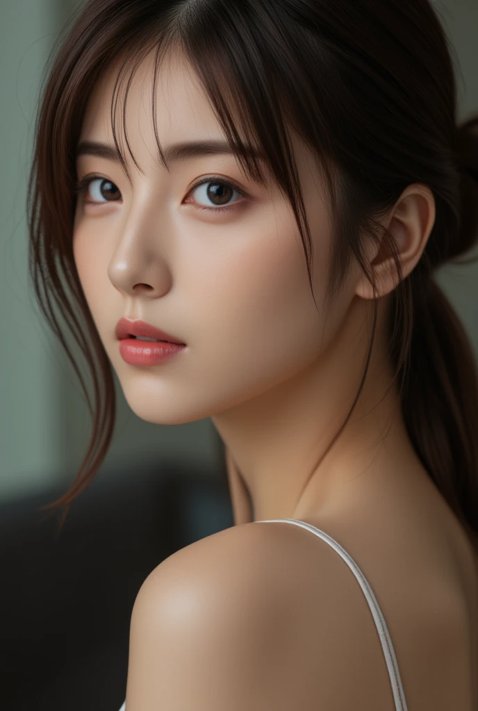 Highly detailed CG Unity 8k wallpaper, Highest quality, Ultra-detailed, Tabletop, Realistic, Like the picture, Highly detailed cute girl, Age 25, Round eyes, Audience, blush, Part your lips, Upper Body , (Underarm) , (Sweat) , camisole , Bathroom