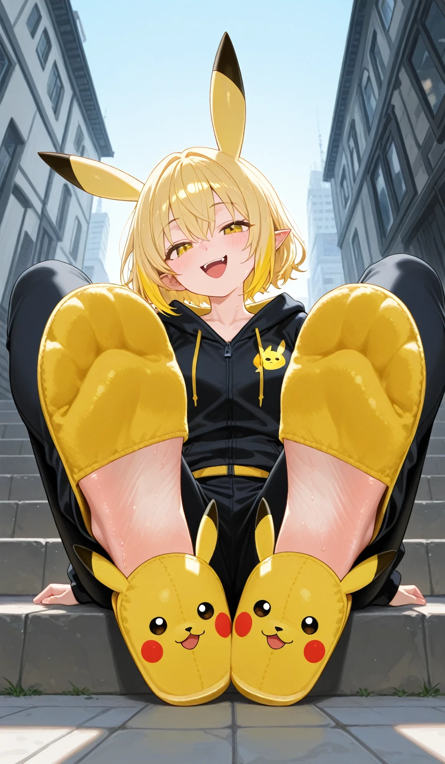 1girl, solo,,detailed_background,outdoors,solo,league of legends,car,yellow nails,smile