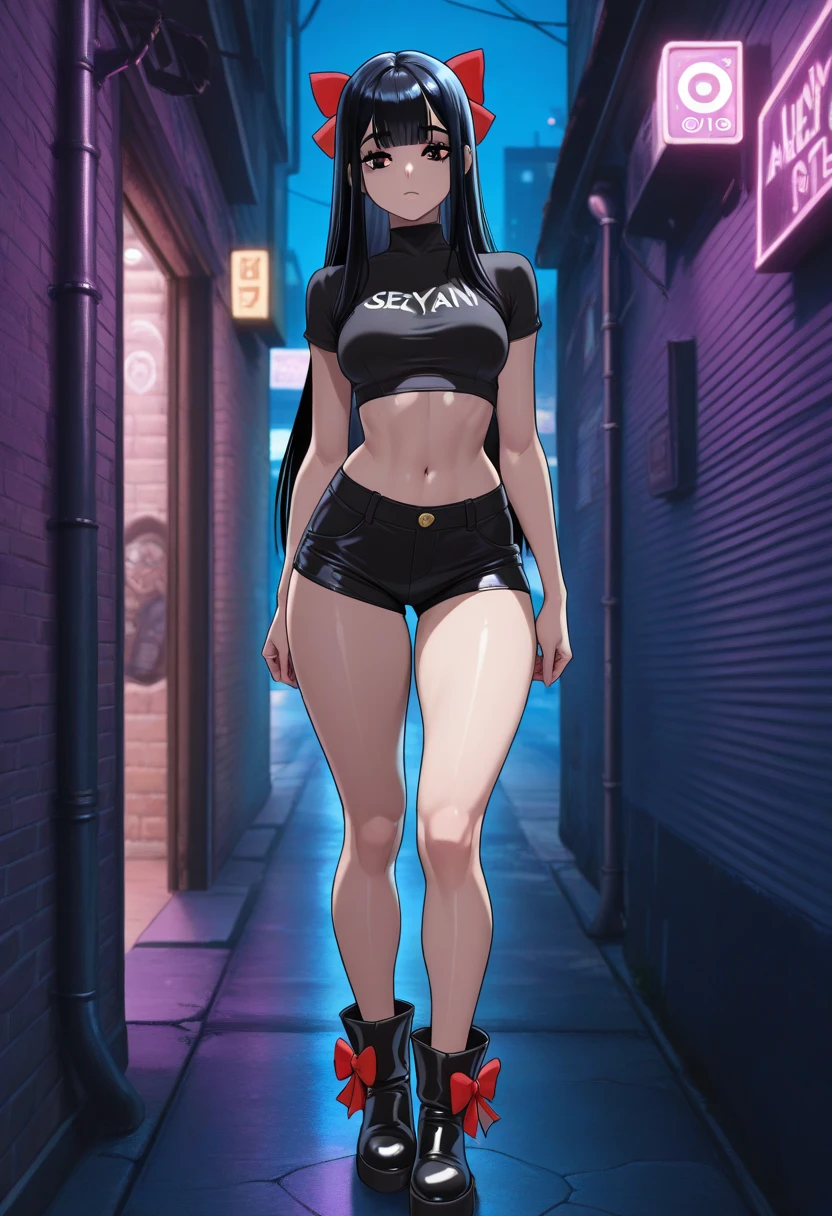 Masterpiece, best quality, high resolution, 1 woman, Karin , black skin , black hair , yellow eyes , black tank top , black bikini , abdomen , big breasts, Long legs , Barefoot , Put your hands on your hips. , stand perfectly ????? , alley , tall building