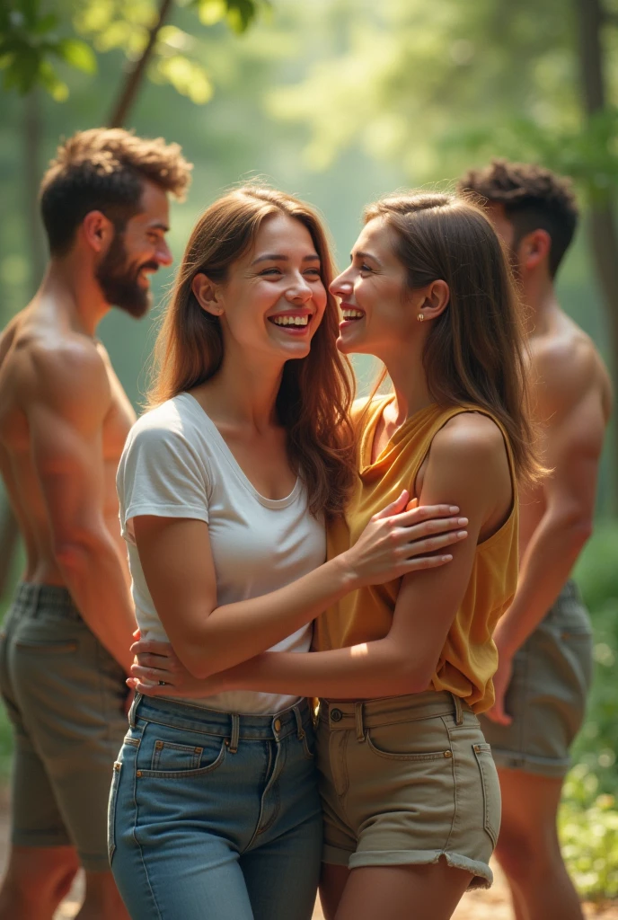 Three friends, two women and one man, a brunette woman, another blonde with glasses and the strong man with tattoos