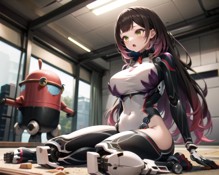 ((1 woman with transparent panties, white scientist coat)),((just a biomechanical brat)),((big breasts)),((in a forest)),((wet pussy, erect nipples)) ,((very large pubic hair)),((short black hair with a side ponytail, with very large bangs covering the face)),((one blue eye, one biomechanical red eye, with an evil smile)), ((sitting on a throne, in a futuristic room)),((sitting with legs open in the shape of an m, facing the viewer