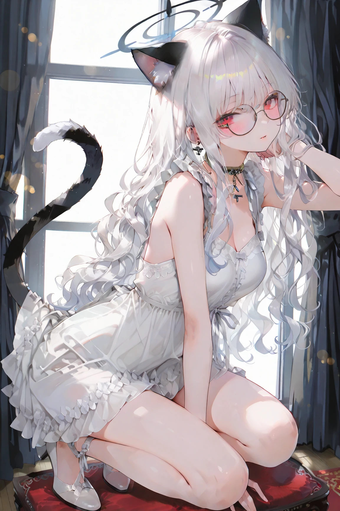 Cat ears Girl Beauty Big Open Legs Long Hair White Hair, topless ,Bikini Ecstasy Pleasure Shame Tanga Prom Dress Tail