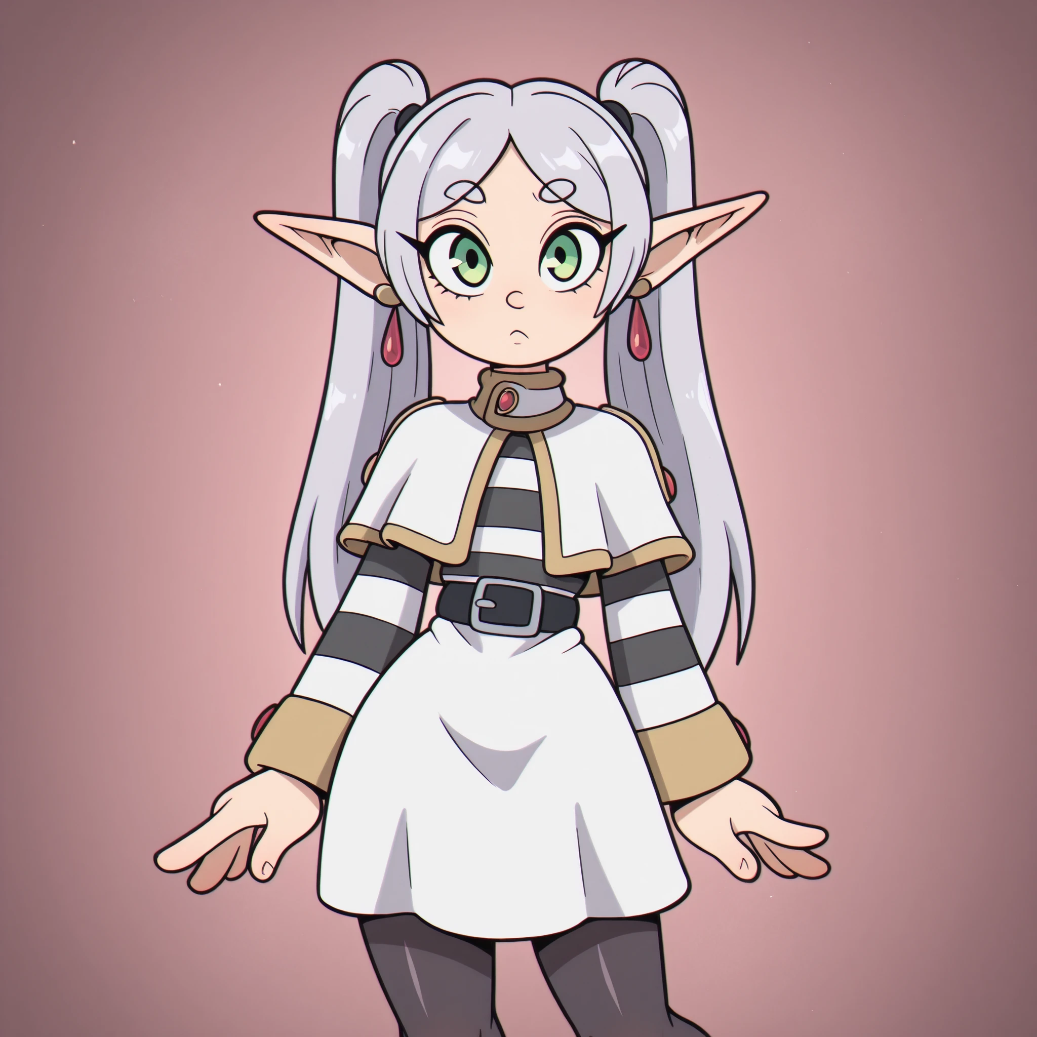 masterpiece, best quality, Rubberhose, toon \(style\) , grey hair, long hair, green eyes, twintails, parted bangs, earrings, pointy ears
FrierenCasual, striped shirt, white capelet, black belt, white skirt, long sleeves, black pantyhose