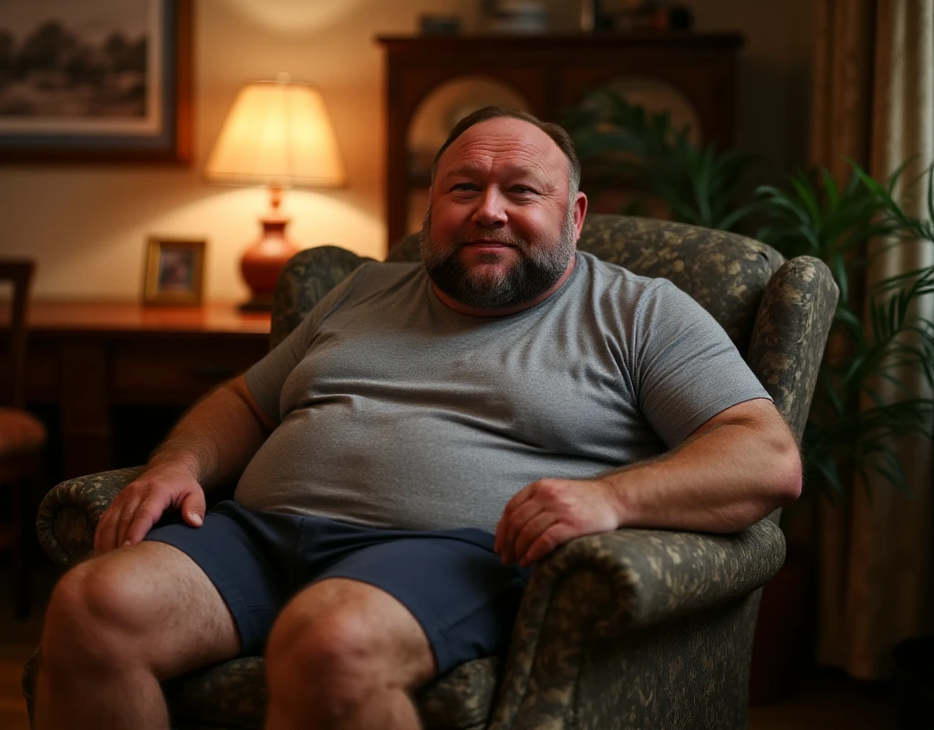 Man 40 years old, very fat, in shorts and a t-shirt, he sits on an armchair in the living room, looks at the camera and smiles.
