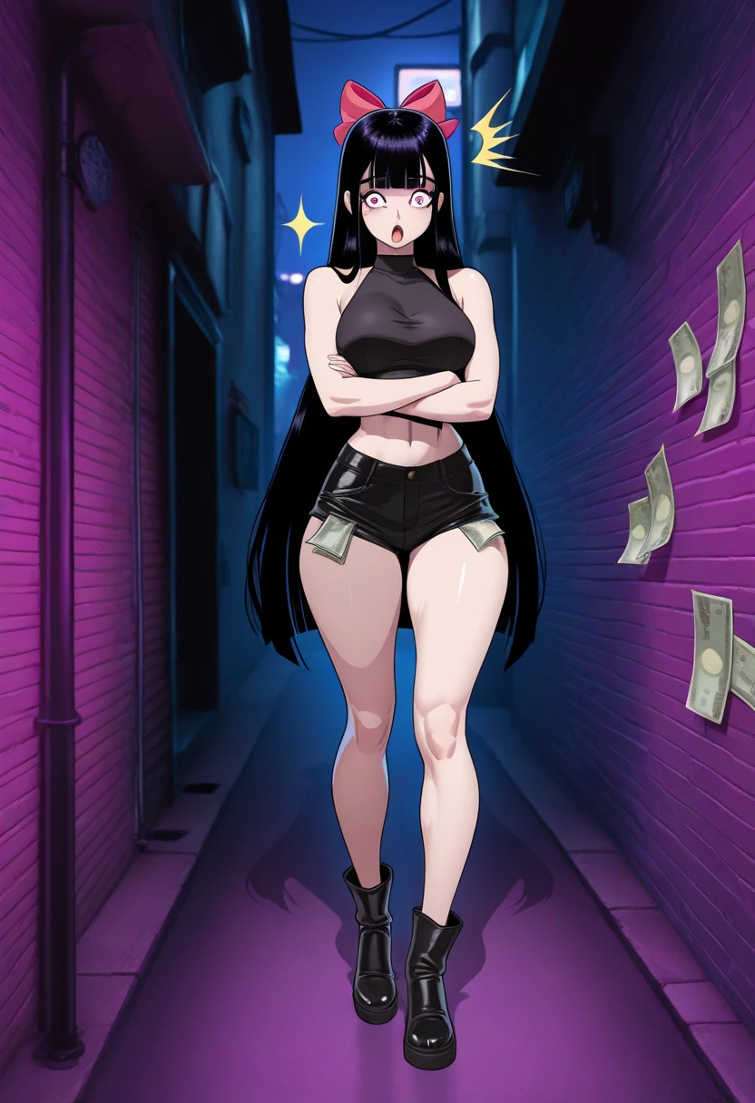 best quality, expressive eyes, perfect face, black hair, long twintails, straight bangs, pink eyes, smirking expression, pink hoodie, black thigh highs, pink lips, black panties, big breasts, adult, holding money, evil
