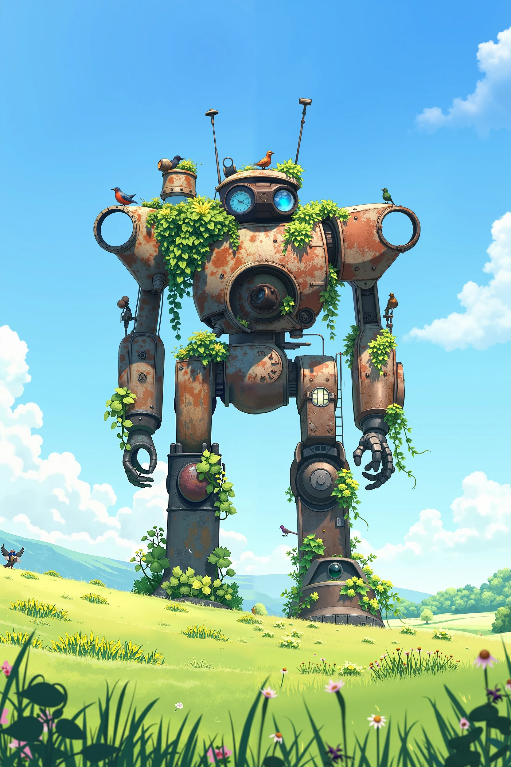 Hyper Realistic, Highest quality, highly detailed, anime artwork, A huge steampunk robot is standing in a field. THe robot is old and rusted, with small plants growing out of it, creepers on it and birds sitting on it. Birds look tiny, like ants. The sky is blue. The field is green.