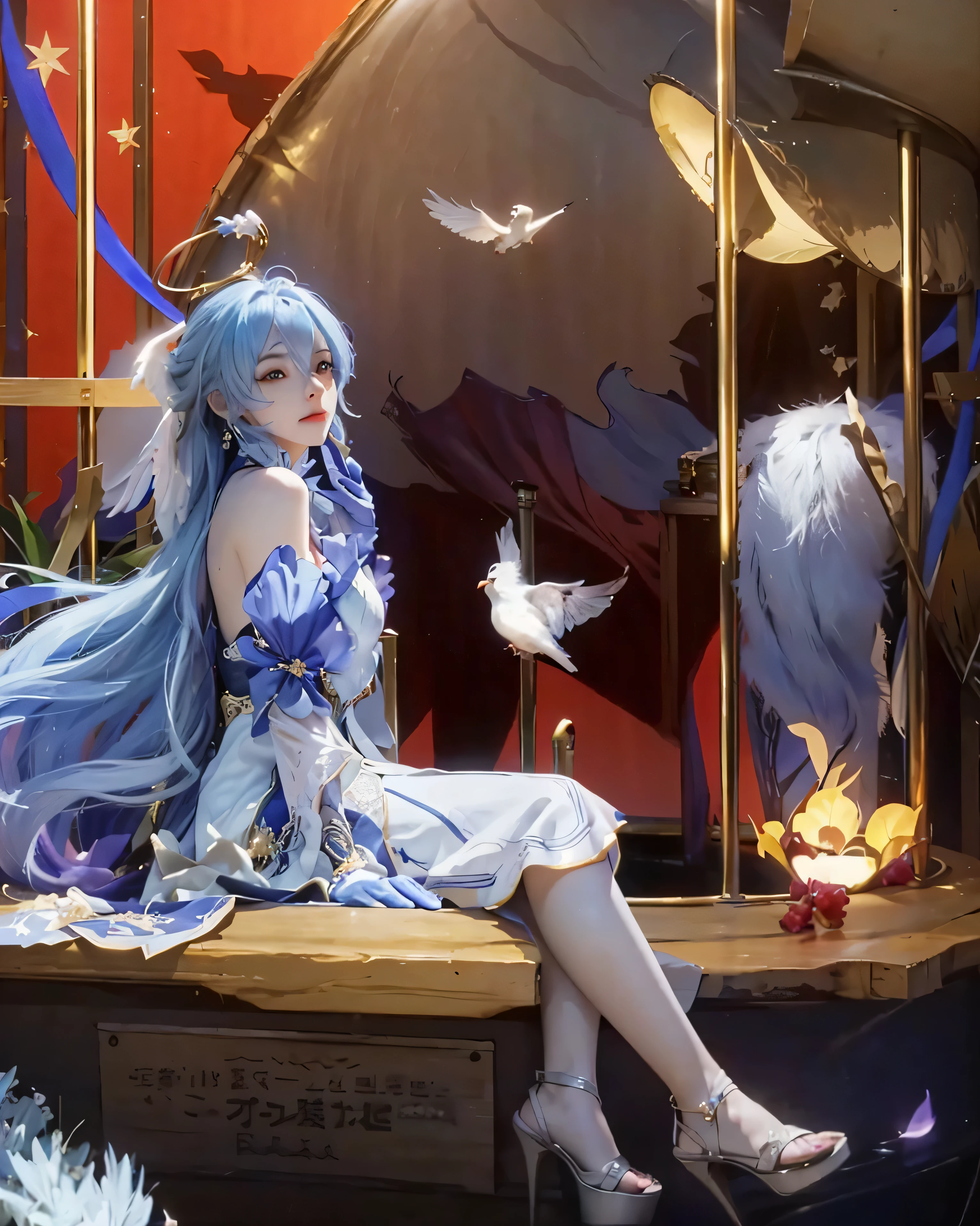 ((ROBIN_HONKAI STAR RAIL),((realistic, photorealistic)),(highlight hair)), Light reflection, (( HD )),((upper body)), (((best quality, masterpiece))), (masterpiece) (best quality) (detail) (8k) (HDR) (wallpaper) (cinematic lighting) (sharp focuasterpiece, best quality: 1.1), Real life adaption of this character, Asian beauty face, Shining Purple eyes, realistic outfit, realistic shadow, realistic light, realism, hyper realistic, realistic background,(photorealistic:1.2), (masterpiece, top quality, best quality, beautiful and aesthetic:1.2),(8k, best quality, masterpiece:1.2), (((masterpiece))),(((best quality))),(((extremely detailed))),who, (masterpiece, top quality, best quality, beautiful and aesthetic:1.2),(8k, best quality, masterpiece:1.2), ((masterpiece,best quality)), 1girl,robin_\(honkai:_star_rail\),head_wings,bare_shoulders,white_gloves,detached_sleeves,strapless_dress,white_dress,short_sleeves,white_pantyhose, robin, head wings, halo, white gloves, pearl bracelet, flowing hair, Little white blue bird, cowboy shot, reaching towards viewer, foreshortening, simple background,Realistic hair at the back,White gloves,Studio photo results, strobist photoshoot, strobist light, glow effect, hair light, starry sky,White wings,Bird house background, piece pole,Full body, sitting(Perfect hands perfect anatomy)