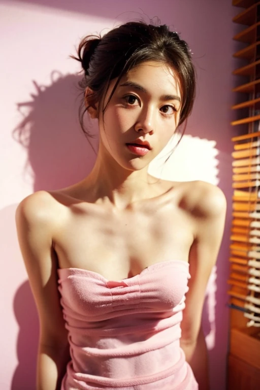(ecstatic: 1.2), pink tank top, bed, (8k, RAW photo, photorealistic: 1.25), cute lips, lots of lip gloss, lots of eyelashes, watery eyes, top quality, ultra high resolution, depth of field, chromatic aberration, causticism, wide light, natural colors,