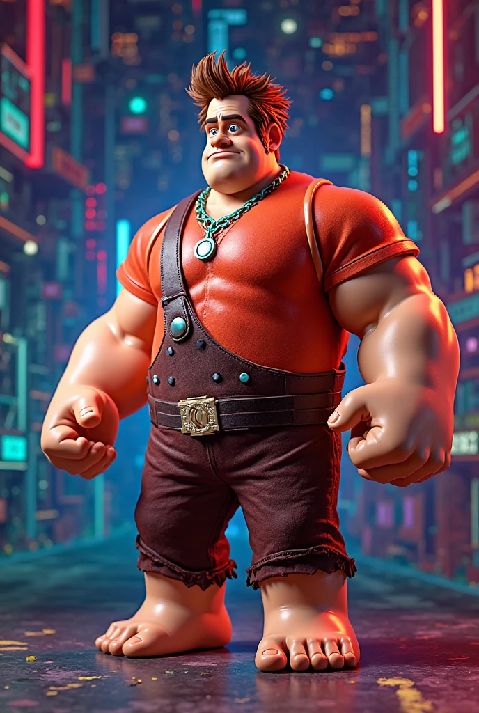a strong man, with broken brown hair, with red shirt, with brown jumpsuit