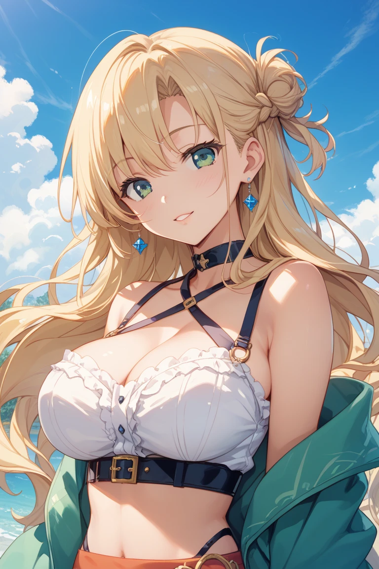 naked blonde anime girl with blue eyes and fox ears wearing a necklace, wet hair, nfsw, embarrashed expression, crotch, big breasts
