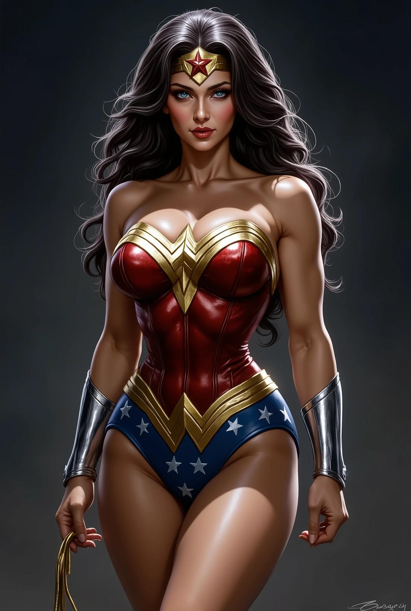 escape full body visible from head to toe head visible feet Wonder Women ; . dark version beautiful sexy cool provocative looking with head slightly turned down tall athletic figure shapely calves large breasts thin waist broad shoulders blue piercing eyes slightly open red lipsticked mouth elongated face high arched eyebrows
 . masterpiece .. high quality . principal . Boris Valeho style .