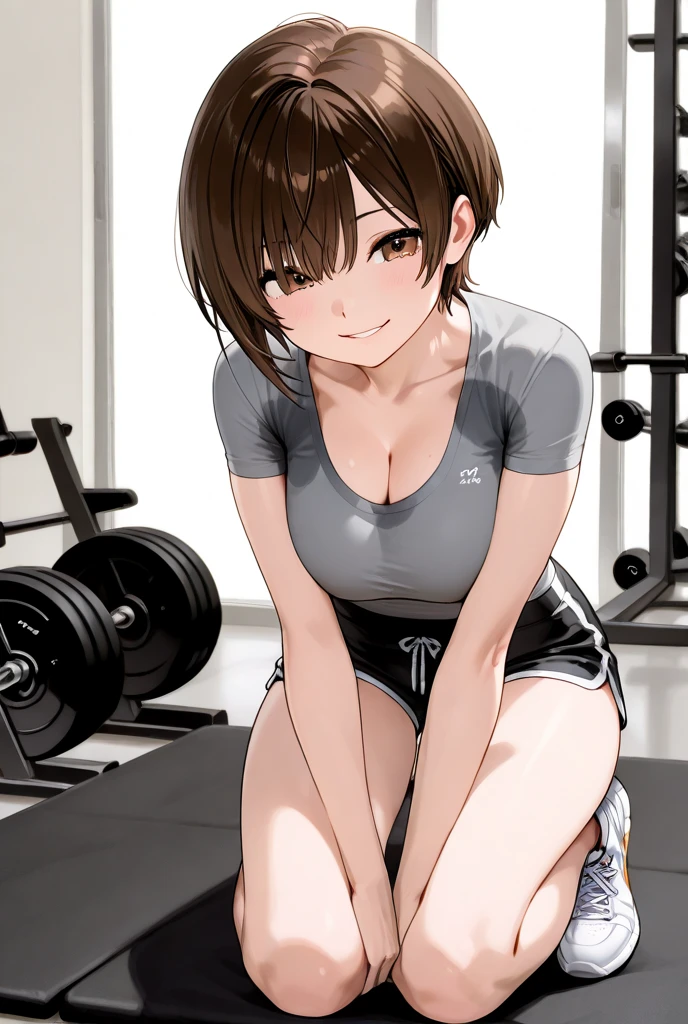(((masterpiece, best quality, ultra highres, 1 girl, solo, white background))), super detailed skin and face and eyes and finger, cute japanese woman, small breasts, skinny, light brown hair, very short hair, knee shot, white background, 2D anime, boyish, expressionless, cartoon, Various poses, Please draw the entire character within the frame, ensuring that the head, arms and legs are not cut off, with the character positioned centrally, smile showing teeth, nipples, female genitals visible through tight clothing, Sheer clothes, one-piece swimsuit,
